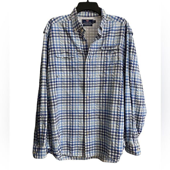 Vineyard Vines Plaid Harbor Shirt Men's Sz L Blue White Long Sleeve Vented Beach - Picture 1 of 15
